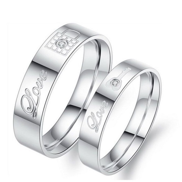 Stainless Steel Love Lock & Key Wedding Band Set - Picture 3 of 12